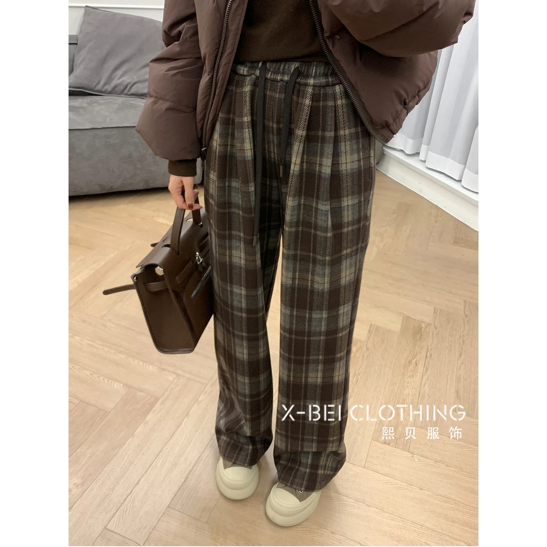 【年终大回馈 只出不进】复古格子阔腿裤宽松直筒裤坠感拖地裤K6005