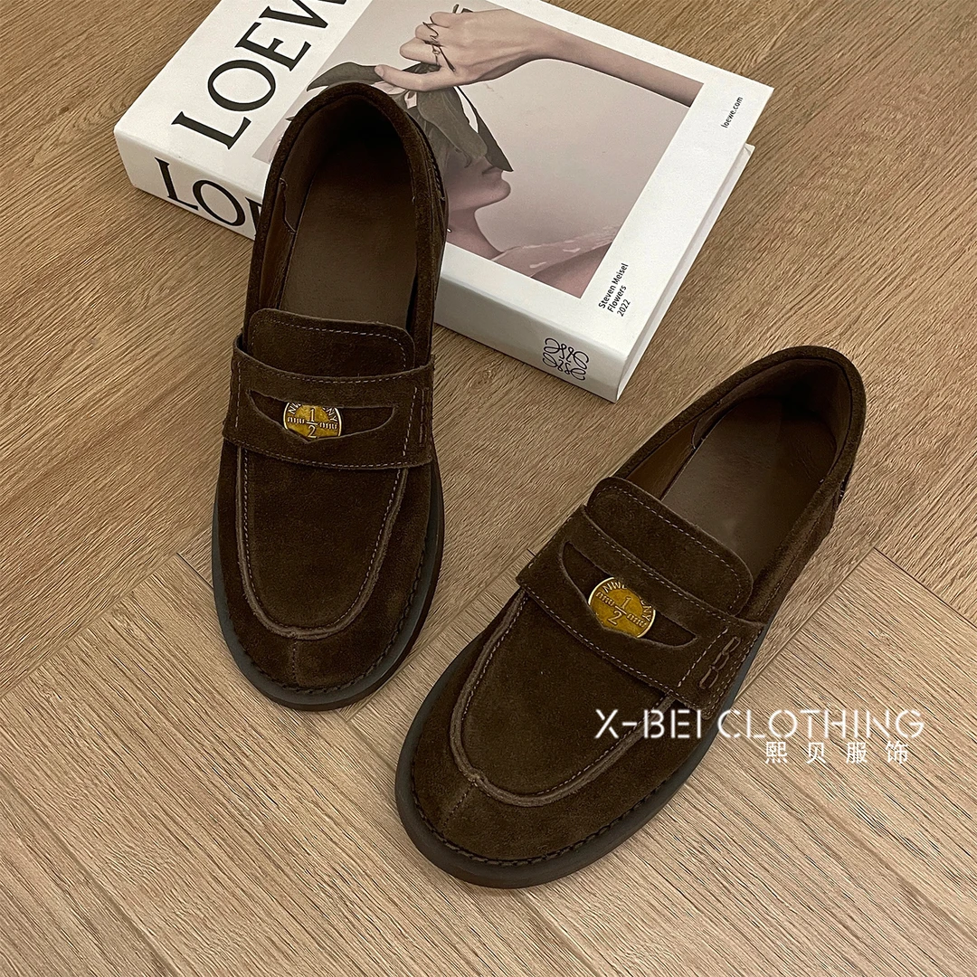 熙贝服饰 韩版新款复古磨砂加绒真皮懒人一脚蹬乐福鞋 Y5262