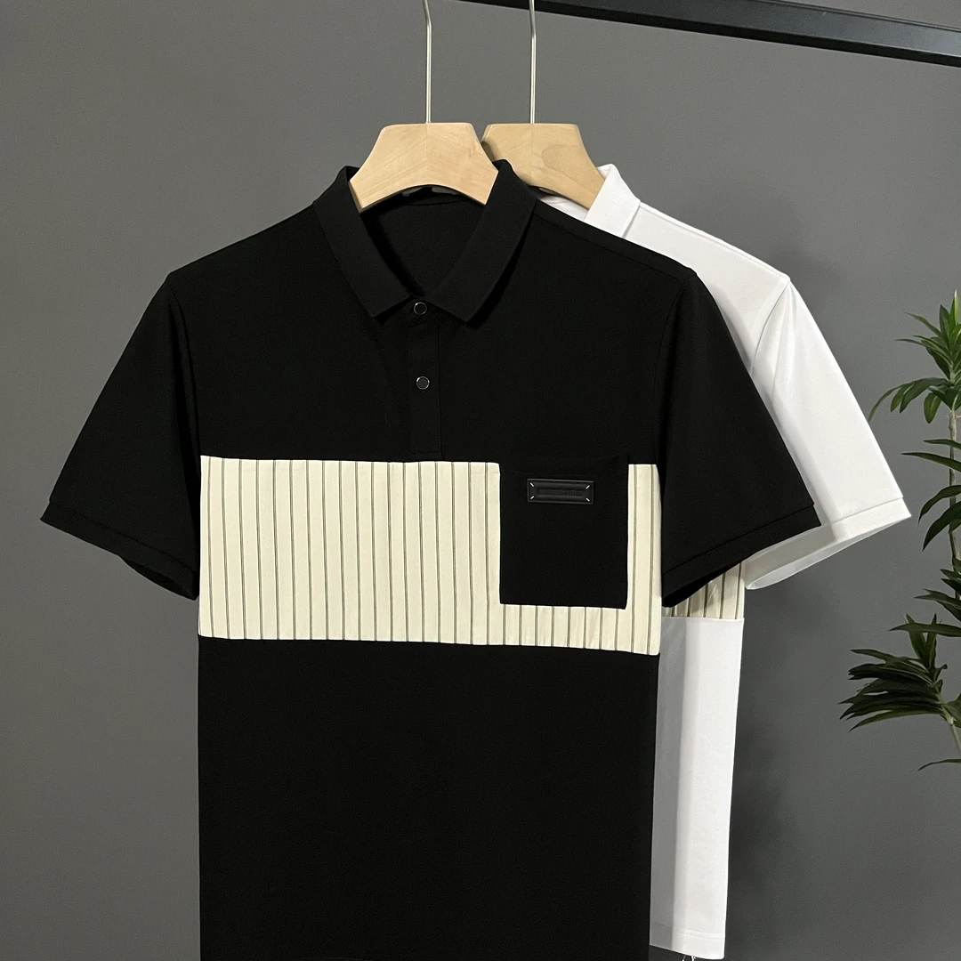 宽松版夏季拼接口袋薄款Polo衫男短袖休闲珠地棉百搭透气翻领T恤