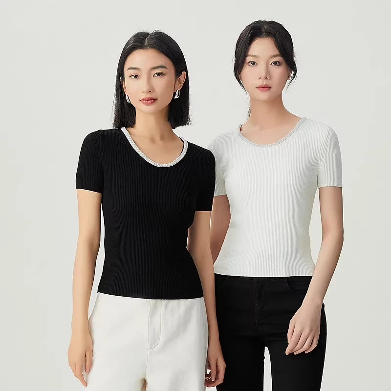 【商场同款】U领链条针织衫修身时尚百搭圆领透气套头T恤女A301305