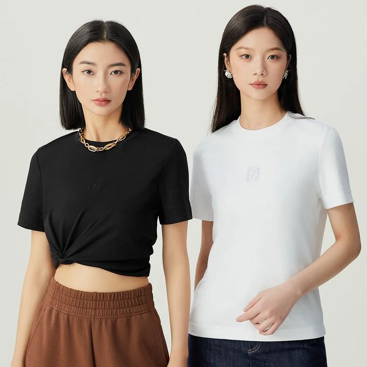 【商场同款】圆领烫钻字母T恤简约经典修身短袖时尚百搭上衣A301442
