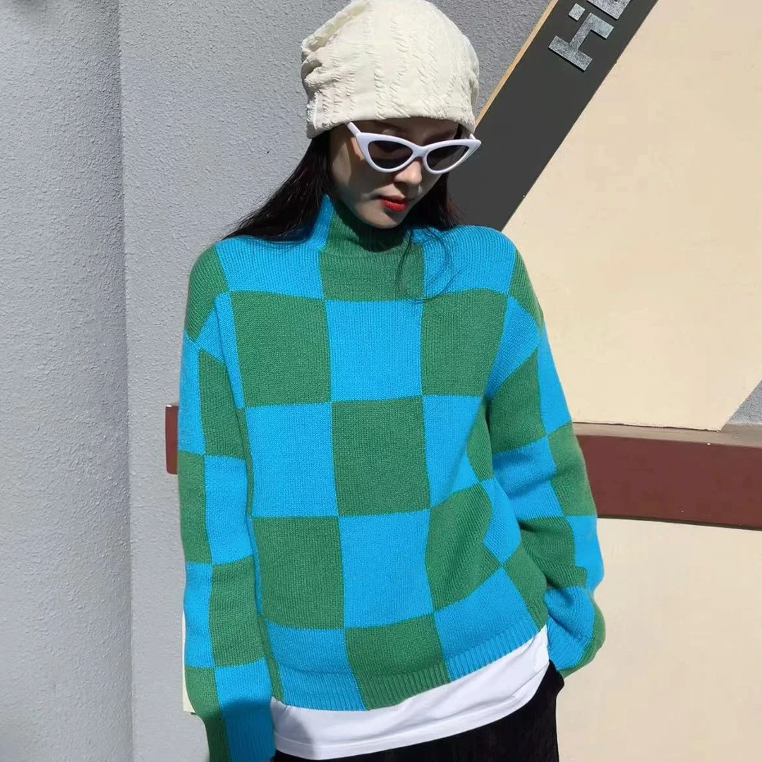 【商场同款】慵懒风毛衣撞色格子中领花色廓形套头针织衫女5399647