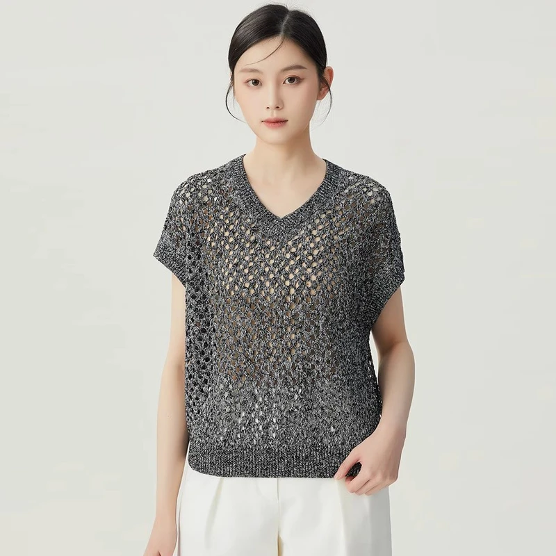 【商场同款】镂空网洞T恤百搭气质设计感V领针织衫亚麻短袖5399734