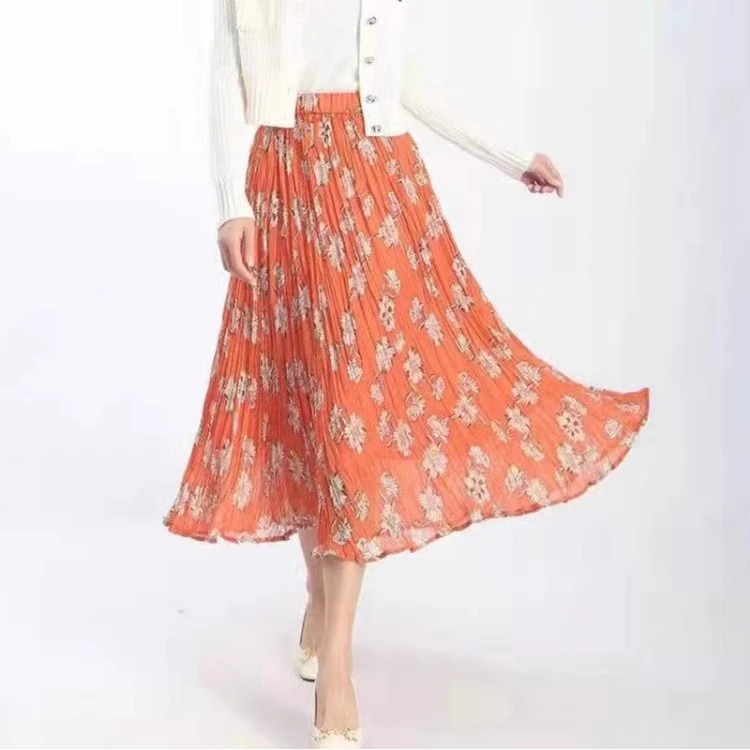 【商场同款】压褶雪纺半身裙质感蕾丝飘逸感碎花沙滩长裙女5200320