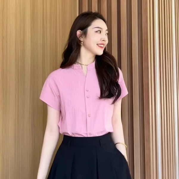 【商场同款】V领衬衫春夏百搭减龄修身粉色立领短袖衬衣女1301065