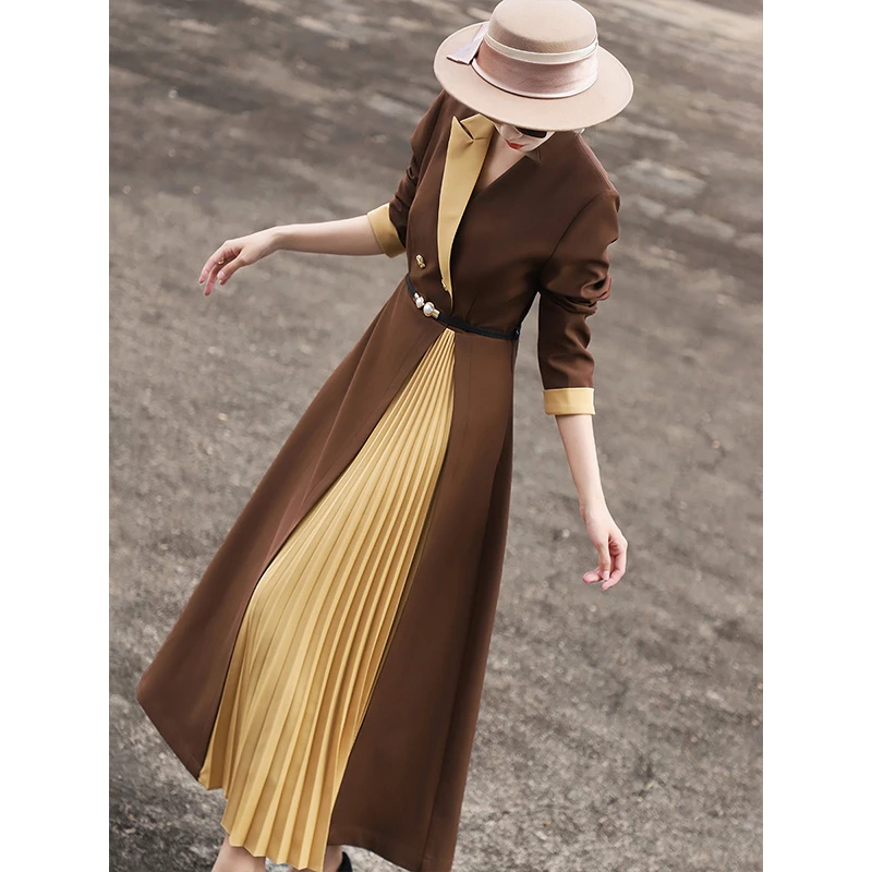 兰瑟儿秋季新款气质通勤设计感拼接收腰系带百褶连衣裙女M3WL8034