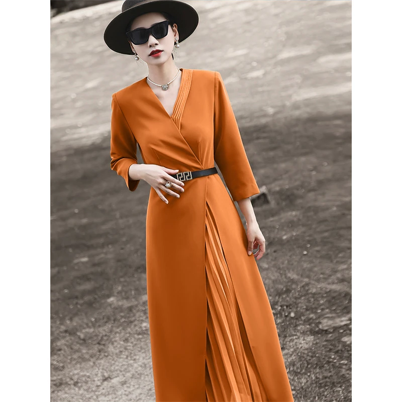 MEXCOCO/兰瑟儿秋季新款气质通勤长袖拼接系带显瘦百褶裙M4WL6008