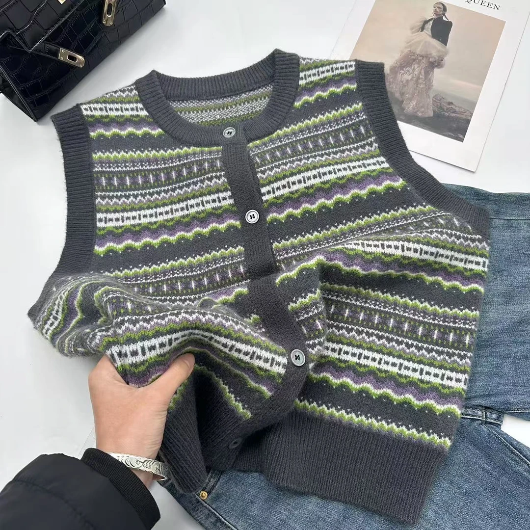 飞飞家 冬款马甲复古韩版无袖背心针织开衫Y5733灰