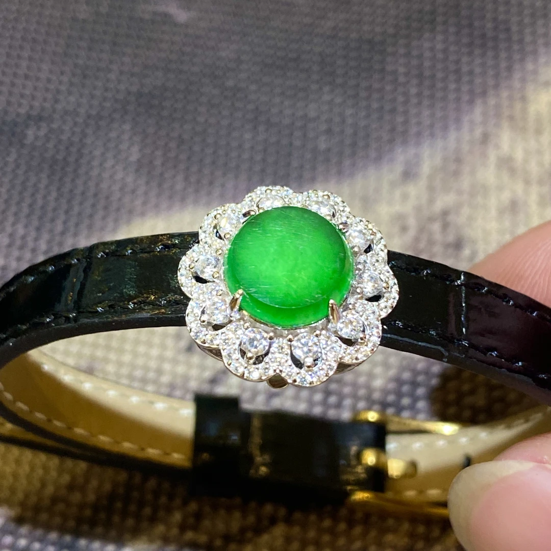 S925银镶嵌天然A货翡翠精美水润手表吊坠