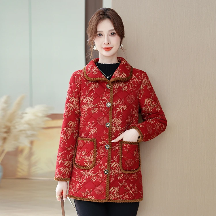 秋冬加绒加厚保暖舒适居家棉服外套复古花型棉衣睡衣洋气百搭大码