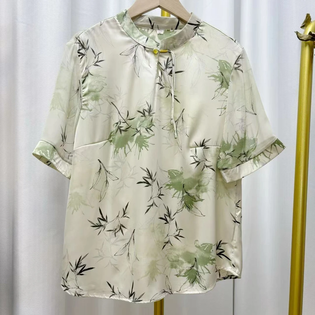 夏季新款新中式国风复古竹叶印花女士上衣网纱拼接短袖宽松气质