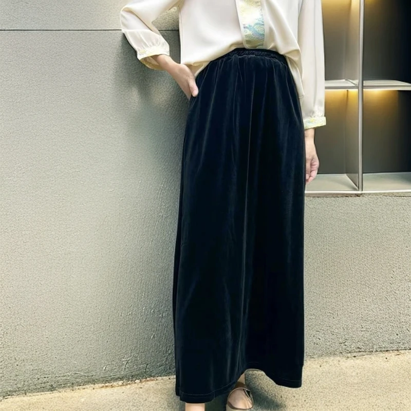 2024秋季新款丝绒高腰宽松显瘦气质半身裙女士中长裙黑色遮肉显瘦