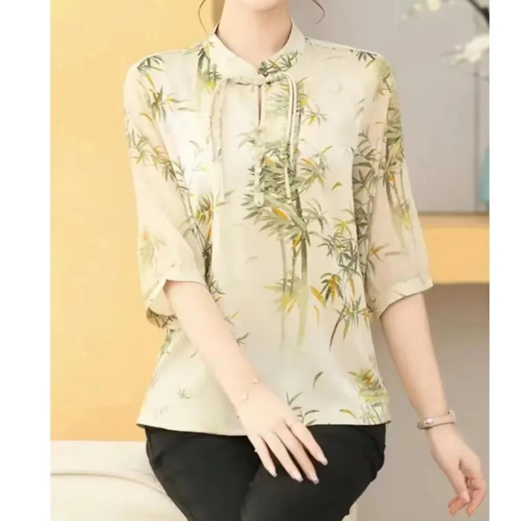 春夏洋气竹叶印花气质复古盘扣女士上衣七分袖缎面显瘦百搭中式