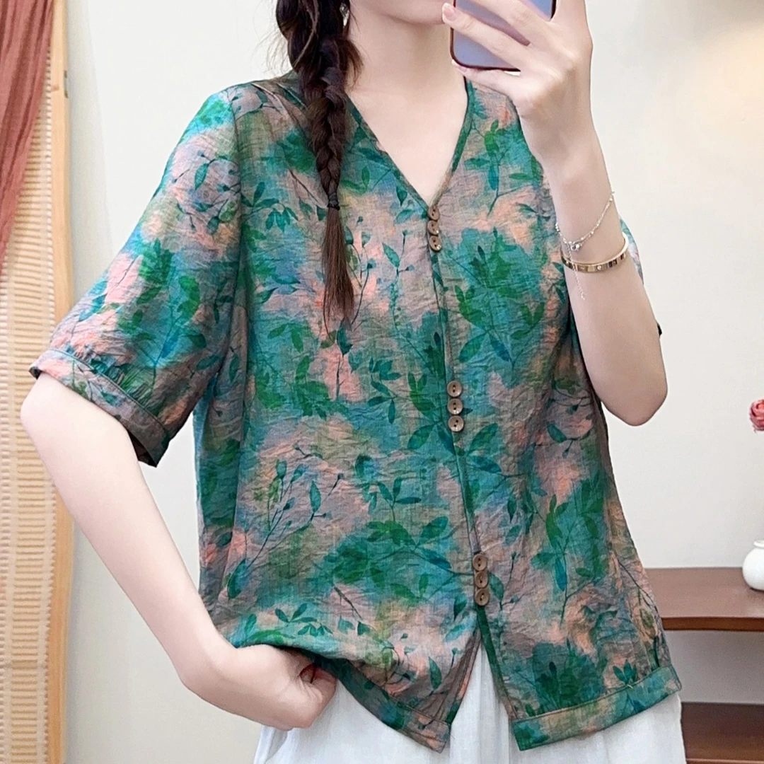 夏季新花色女短袖洋气上衣苎麻透气宽松妈妈装印花大码百搭显瘦