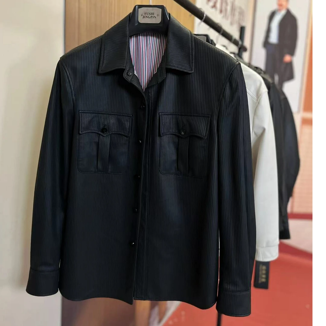 男士衬衫特殊风格真皮皮衣春秋男款长袖时尚休闲黑色翻领轻奢