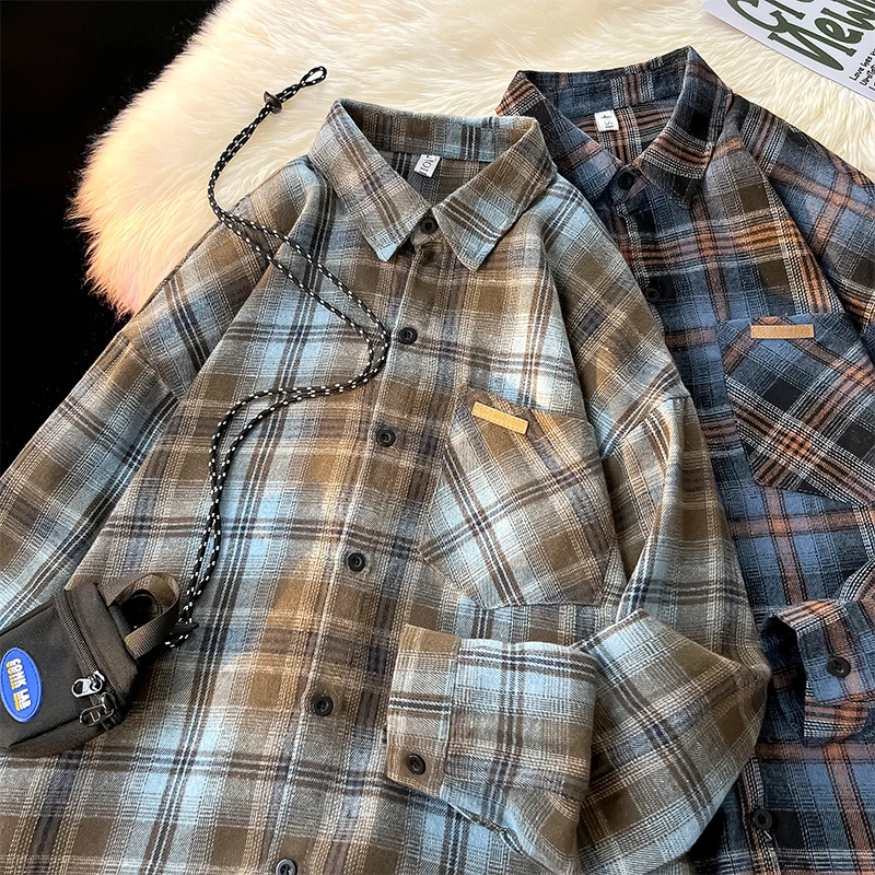 林社长2025春秋季新款宽松磨毛格子长袖衬衣宽松衬衫男情侣衬衣