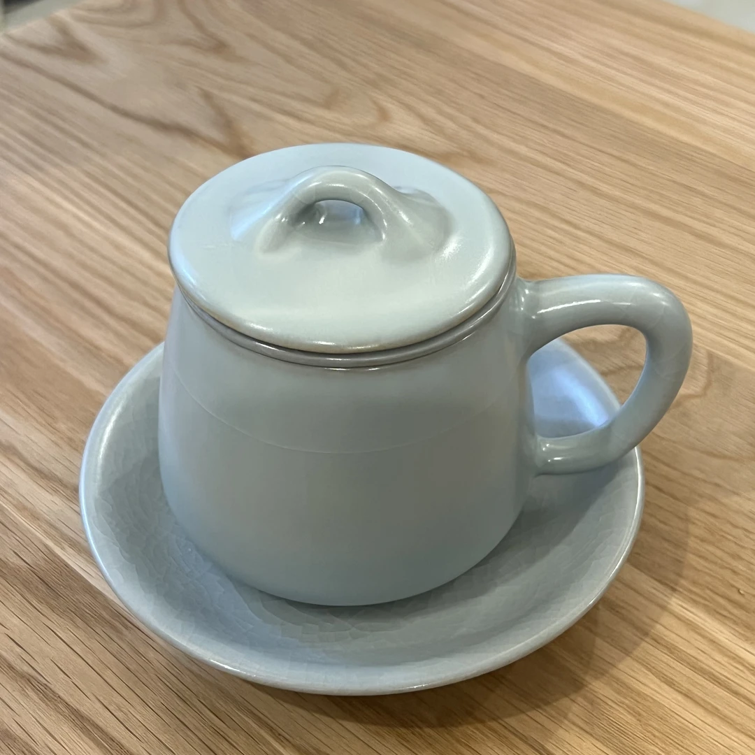 【石瓢过滤杯/带盖马克杯】天青汝瓷 340ml底盘直径15cm