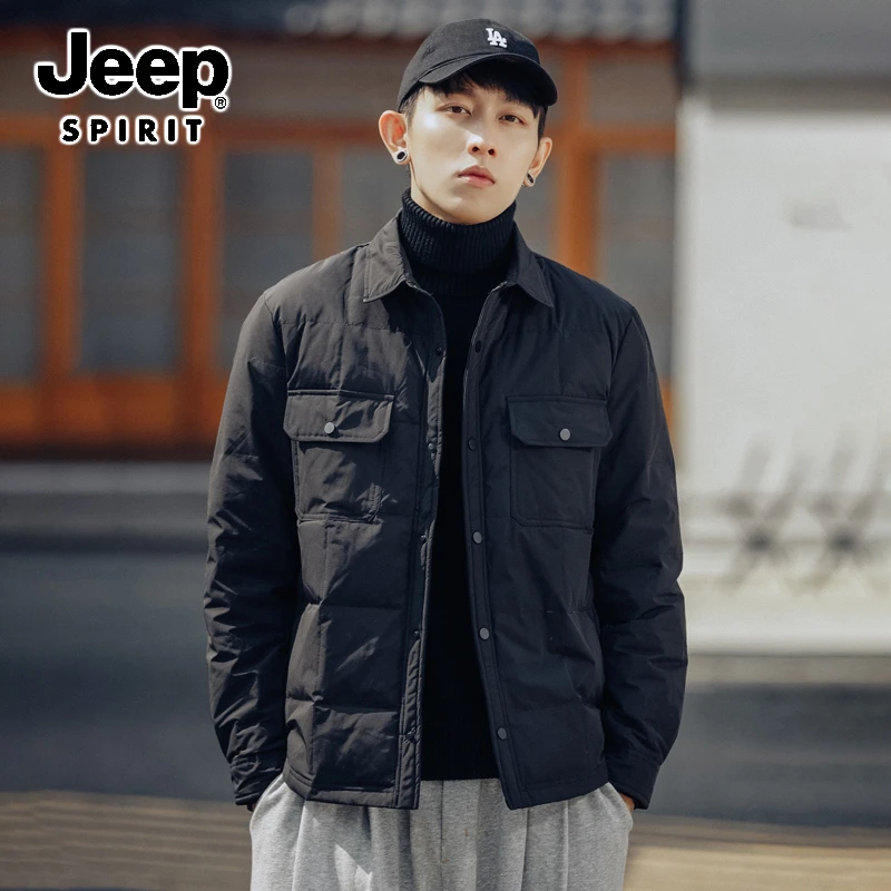 JEEP SPIRIT 吉普衬衫羽绒服男冬季轻薄外套翻领修身夹克白鸭绒