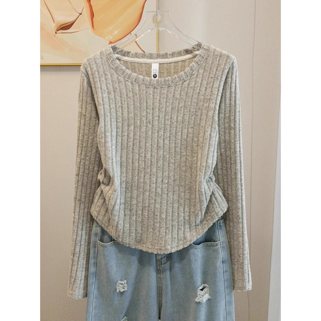 广州十三行高货!  卡其色褶皱长袖打底衫女新款修身巨显瘦上衣潮