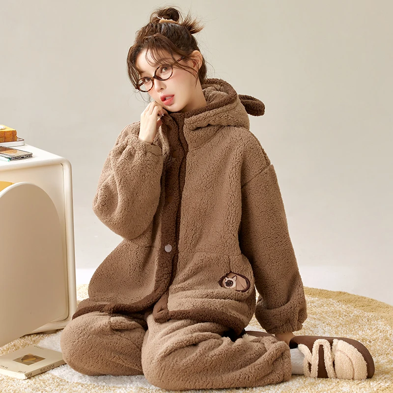 【清】甜美宽松套装韩版秋冬季加绒睡衣毛绒家居服保暖