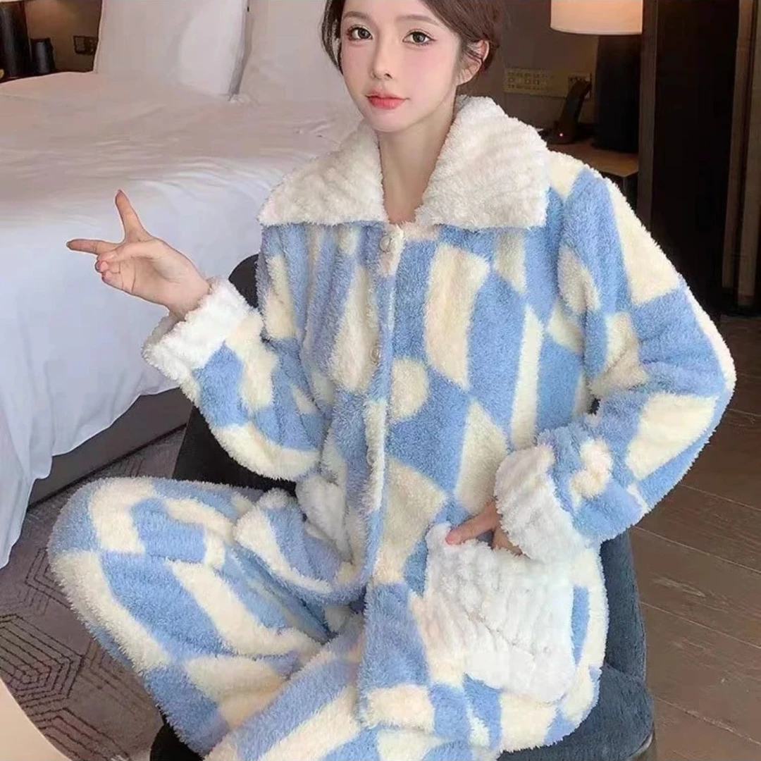 家居服气质网红时尚女士宽松简约软糯加厚甜美家居服秋冬睡衣