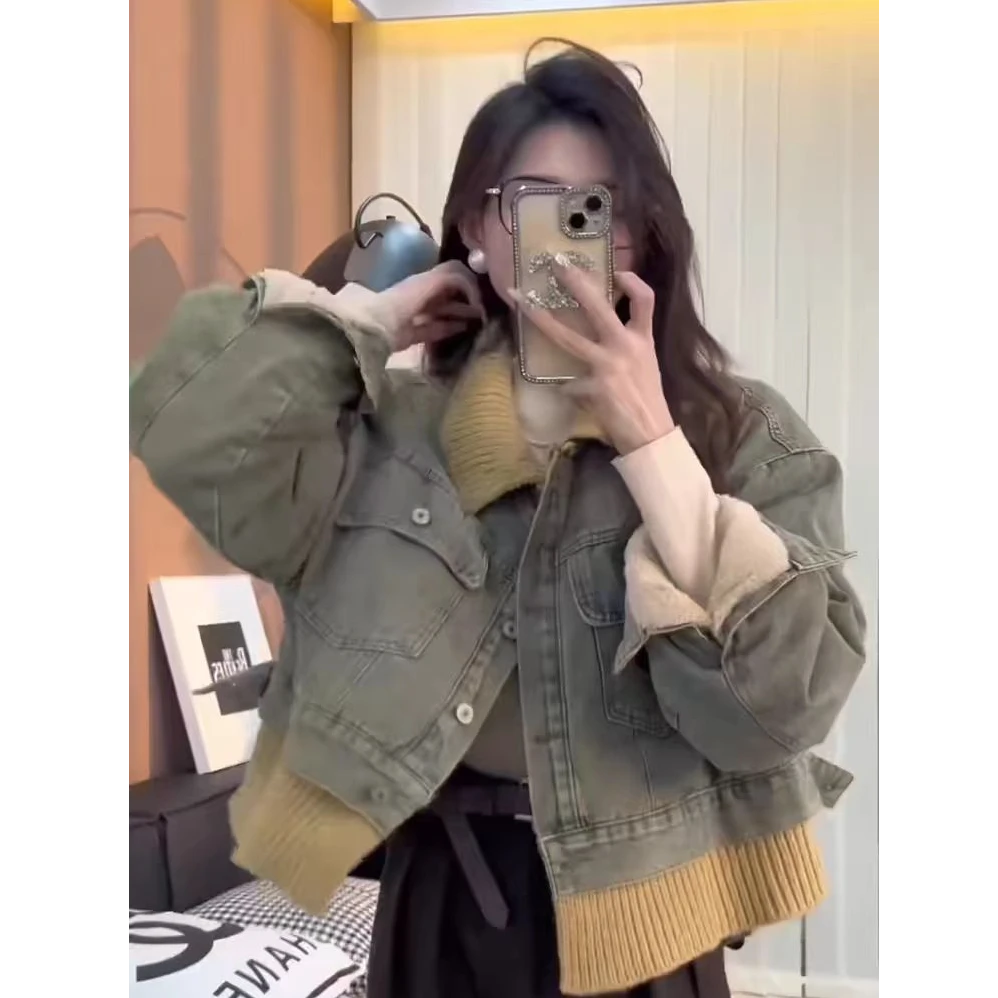 复古慵懒风撞色翻领牛仔外套女2025冬季新款休闲风上衣女款7-71#