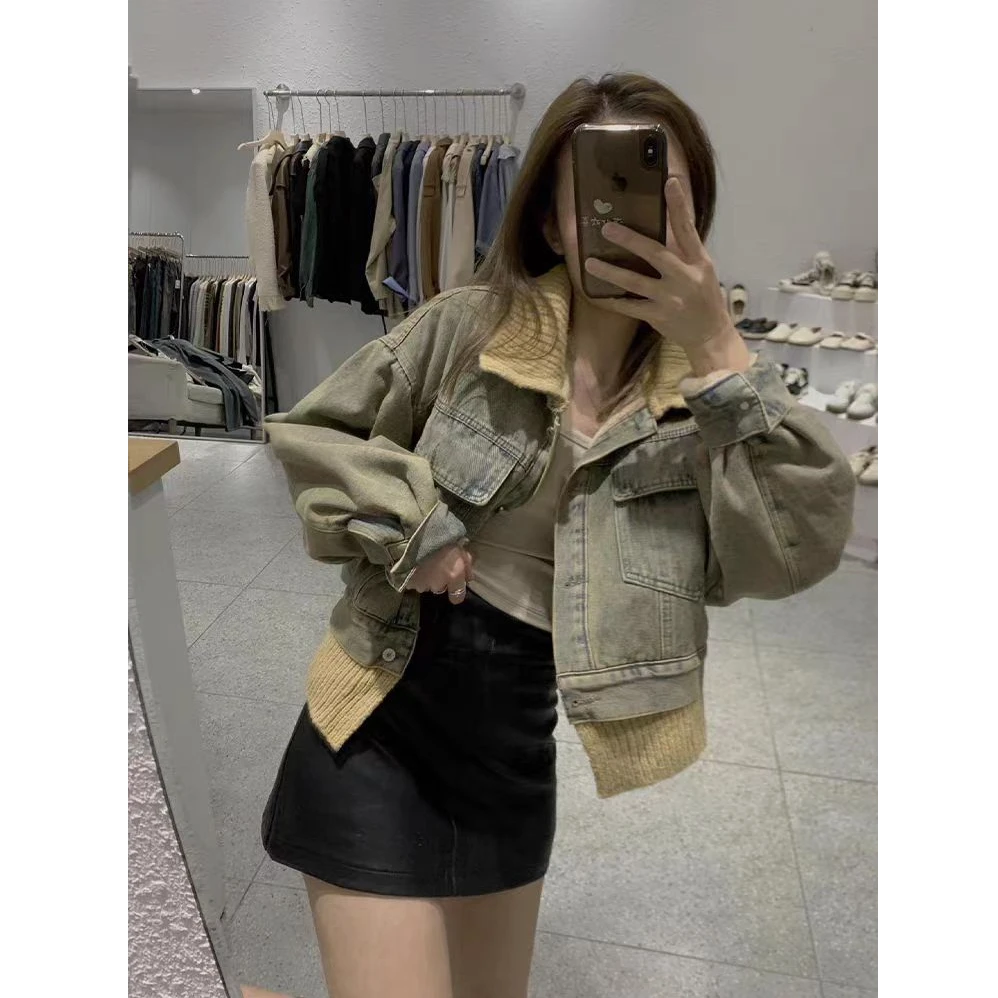 复古慵懒风撞色翻领牛仔外套女2024秋冬新款小众休闲风上衣潮