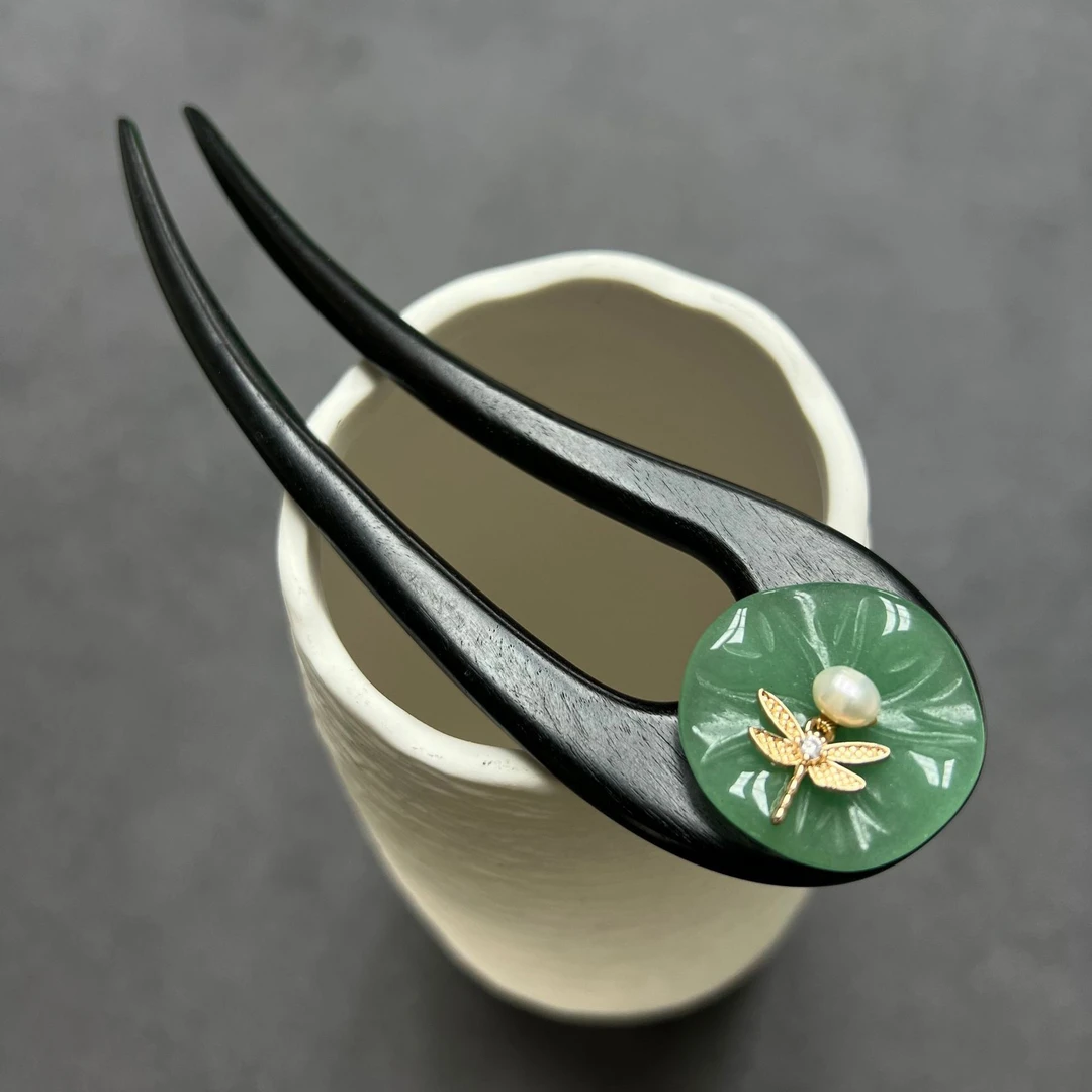 15厘米荷花蜻蜓檀木盘发簪子U型双钗日常盘发簪国风旗袍发饰品