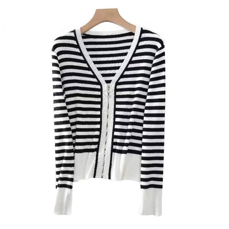 文娇精选濮天高端品牌女装v领6W067推荐高档开衫条纹针织衫