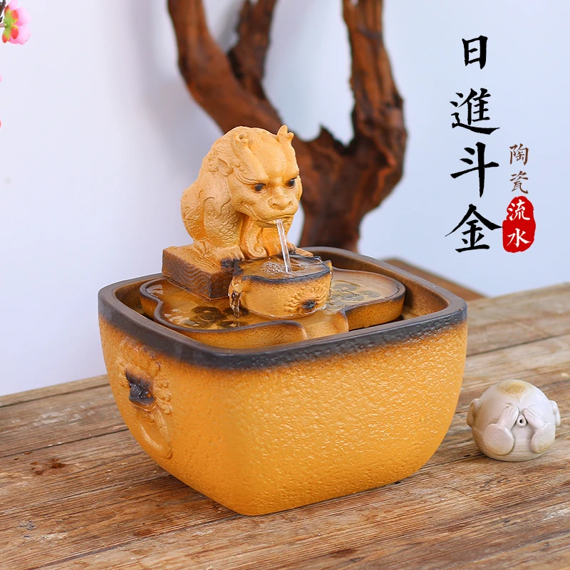 楚汉听香手工中式神兽陶瓷工艺品客厅摆件流水摆件加湿器日进斗金
