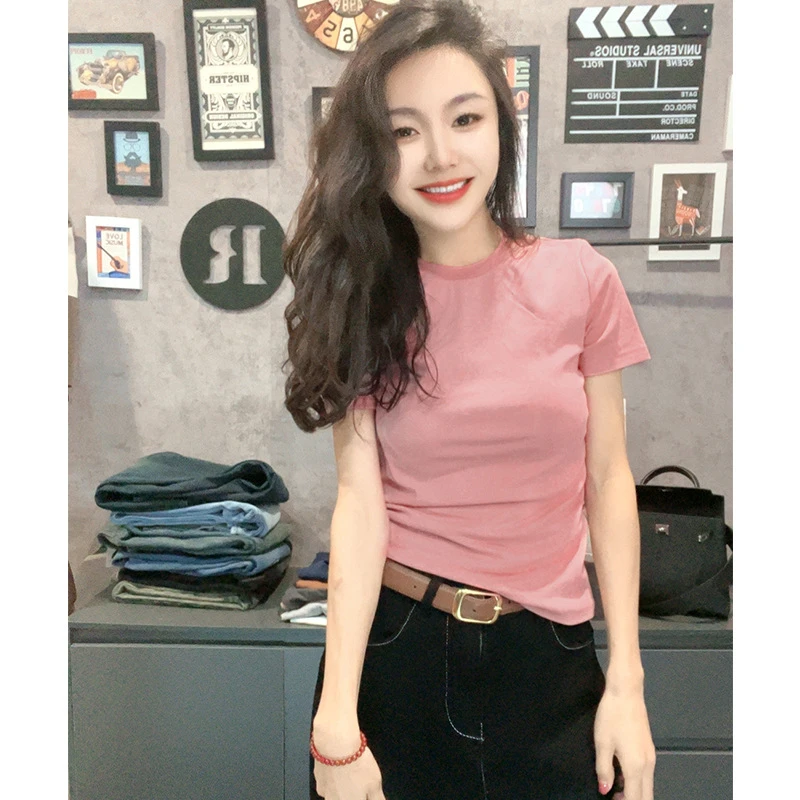 2025双层跑线纯棉短袖圆领纯色显瘦百搭修身打底衫小个子洋气正肩