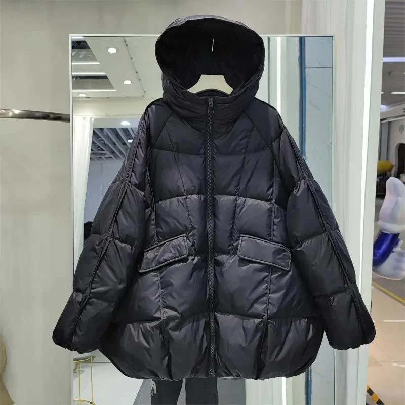 冬季断码200斤加大码保暖羽绒服女中长款宽松胖斗篷连帽白鸭绒外