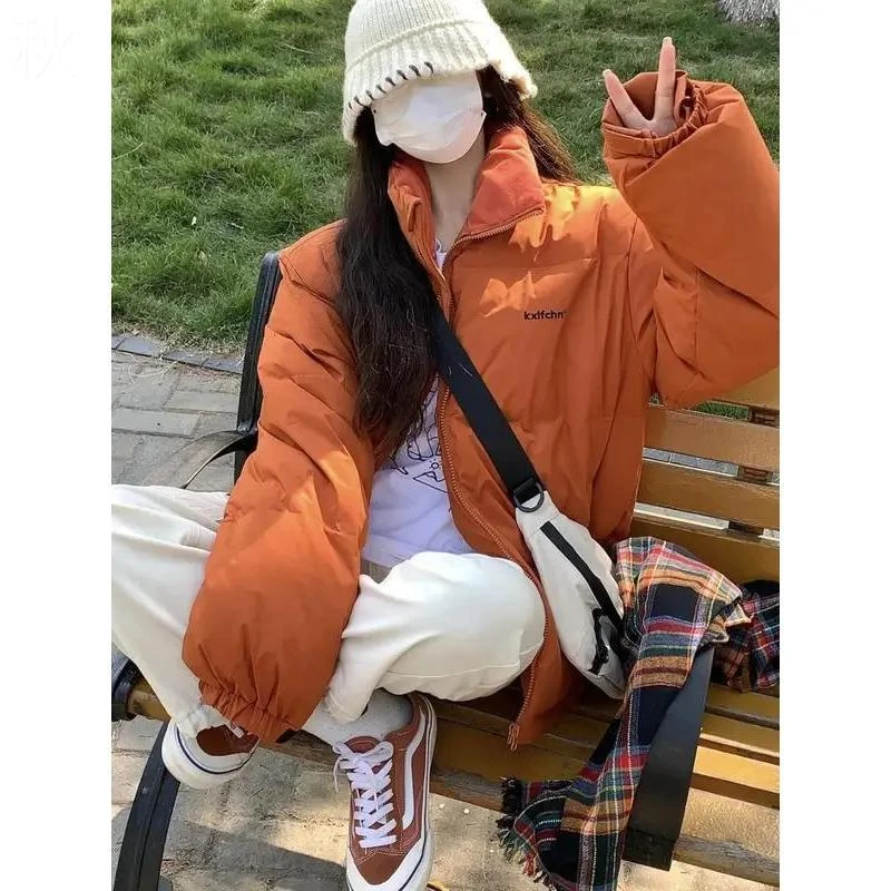 冬季断码23年精选橘色短款羽绒服女韩版潮牌宽松加厚男情侣面羽绒
