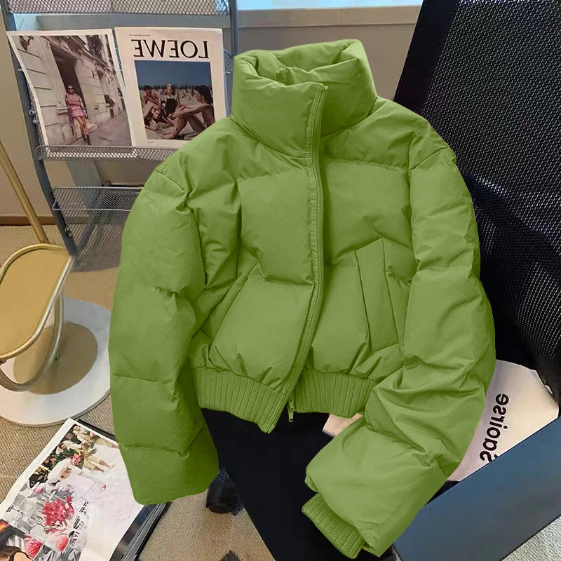 冬季断码2023羽绒服韩版高级感绿色服女装加厚立领面包服高腰短款