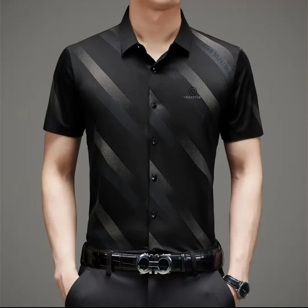 【智诚】夏季新款商务休闲高品质斜条纹大弹力高端短袖衬衫