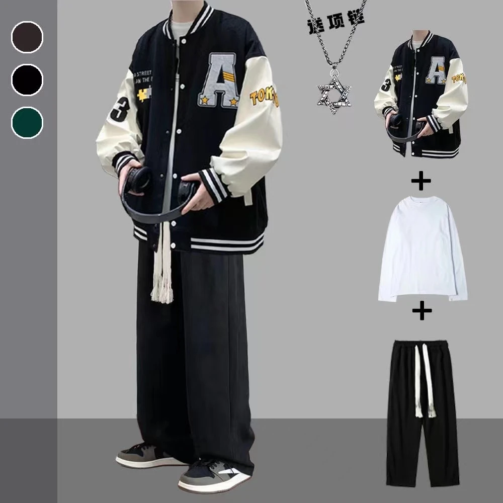 棒球服外套男ins港风潮牌宽松高街夹克套装韩版酷穿搭帅气四件套