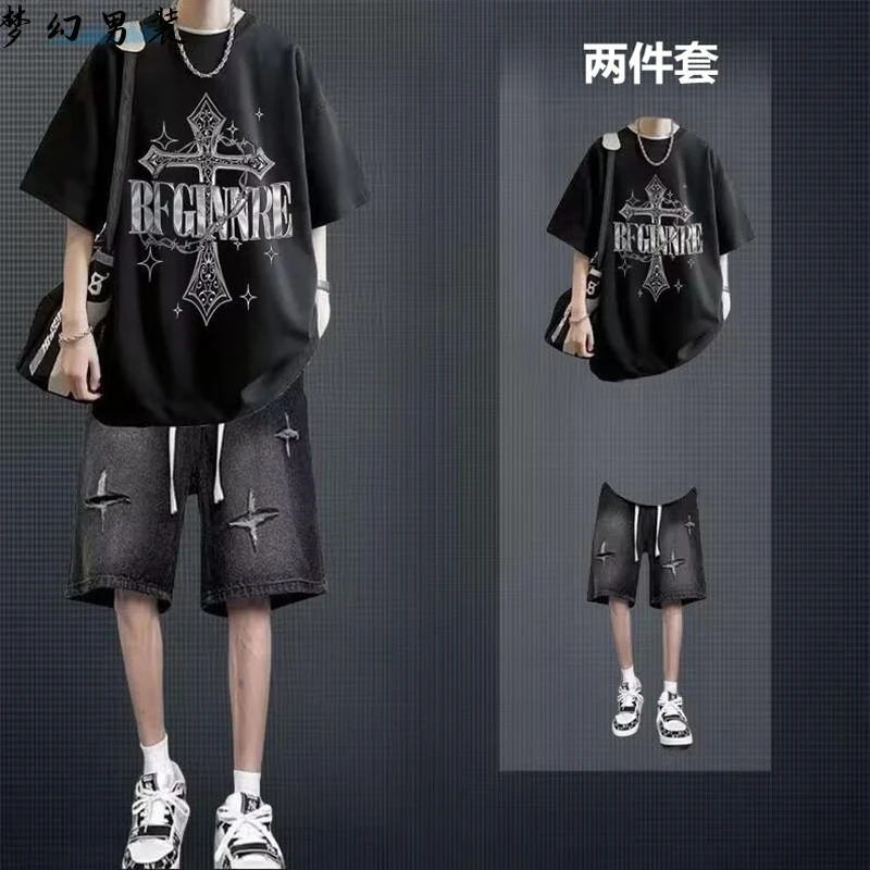 美式短袖t恤休闲套装男夏季潮流一套穿搭高街牛仔短裤学生两件套
