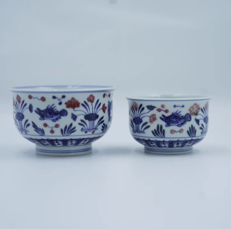 观辰青花釉里红鱼藻炉式杯