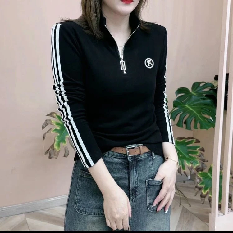 秋冬新款百搭双面德绒保暖打底衫休闲时尚显瘦拉链上衣长袖T恤女