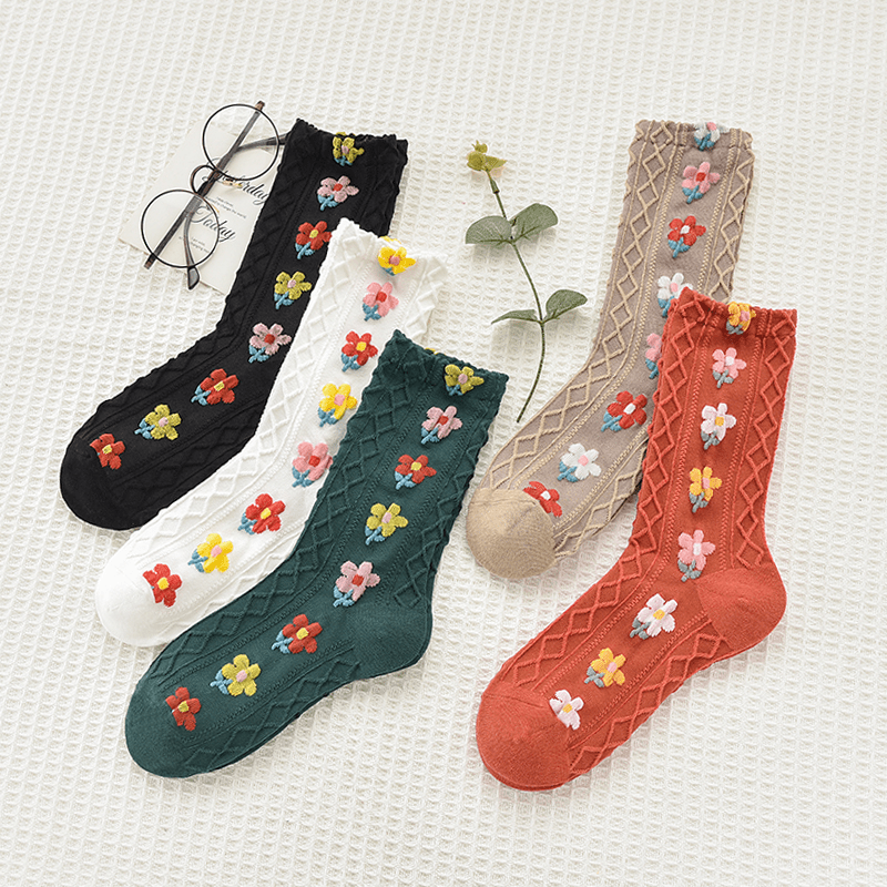 （5双装）复古小花袜子女 中筒春秋长筒棉袜 韩国日系碎花女袜