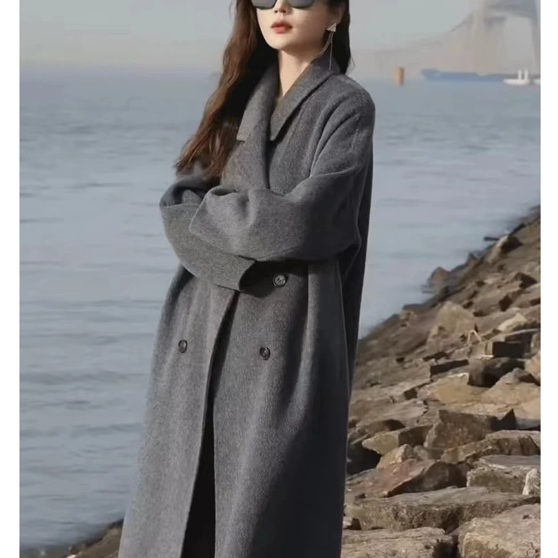 双面羊毛大衣女中长款2024年新款纯手缝气质百搭宽松双面呢大衣