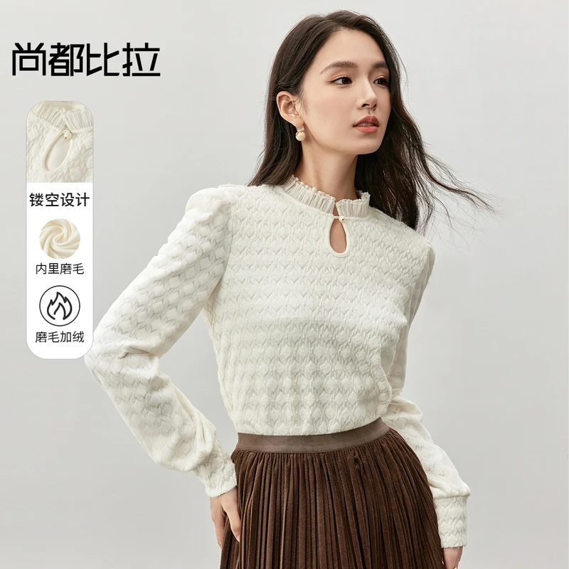 时尚新中式拼接织带花边镂空圆领针织绒感长袖蕾丝衫57280