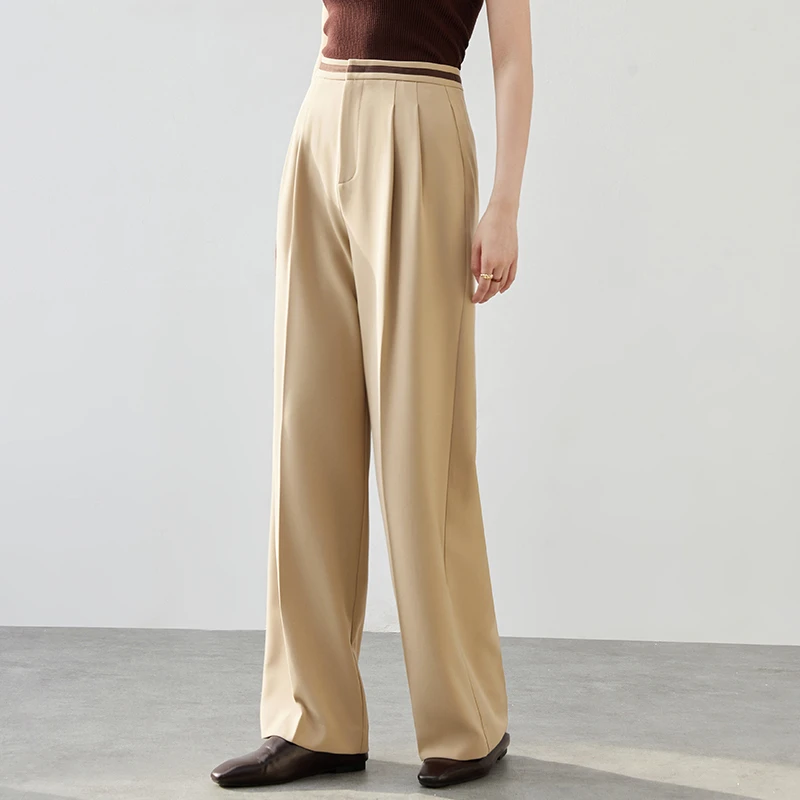 简约休闲撞色织带设计前幅倒褶工艺气质阔腿长裤58340X