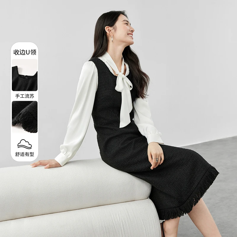 时尚优雅装饰收边U型领拉毛流苏边小香风无袖背心连衣裙57630