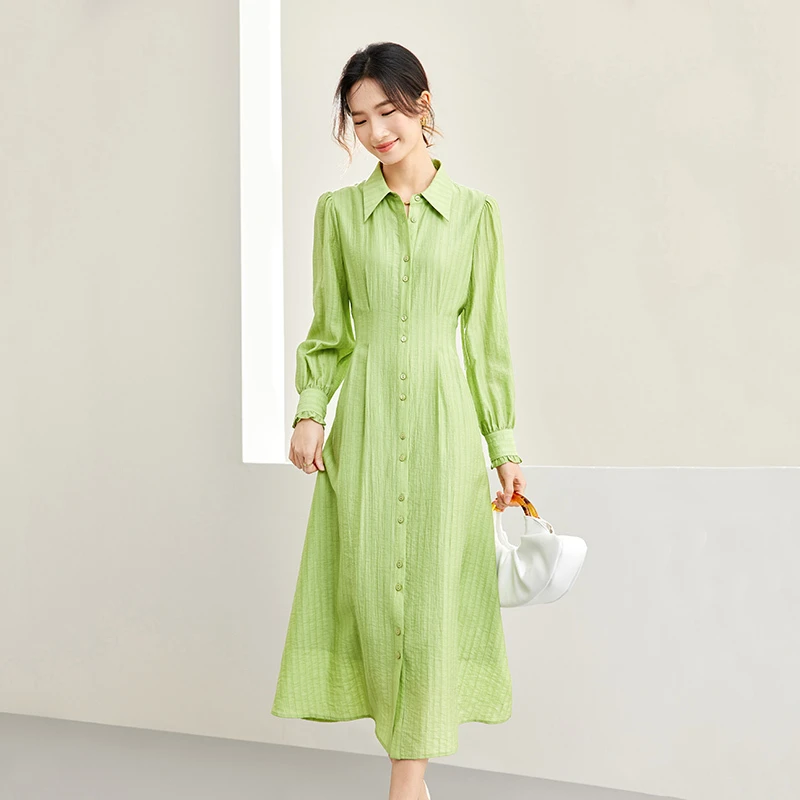 舒适休闲简约衬衫领单排扣腰部显瘦捏褶长款直筒长裙53392