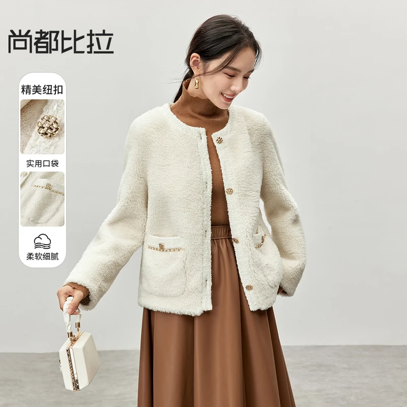 休闲皮毛一体保暖颗粒绒两侧实用口袋单排扣小香风外套56301