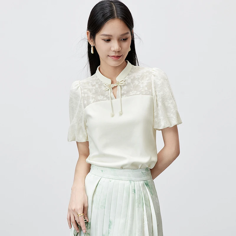 提花纹理串珠手工立领镂空短袖针织马面裙上衣T恤55129