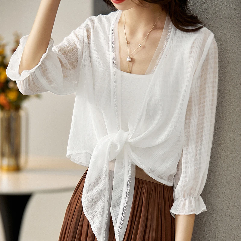 百搭上衣女外套宽松轻薄透气绑带空调衫42311