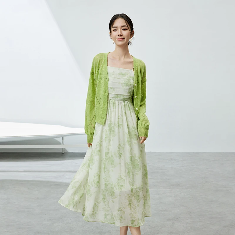 时尚薄款马海毛毛织开衫浪漫清新印花抹胸A字吊带裙套装51449