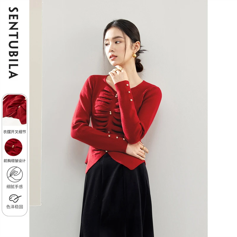 小众V领前胸褶皱金属扣柔软衣摆开叉显瘦洋气毛衣53512